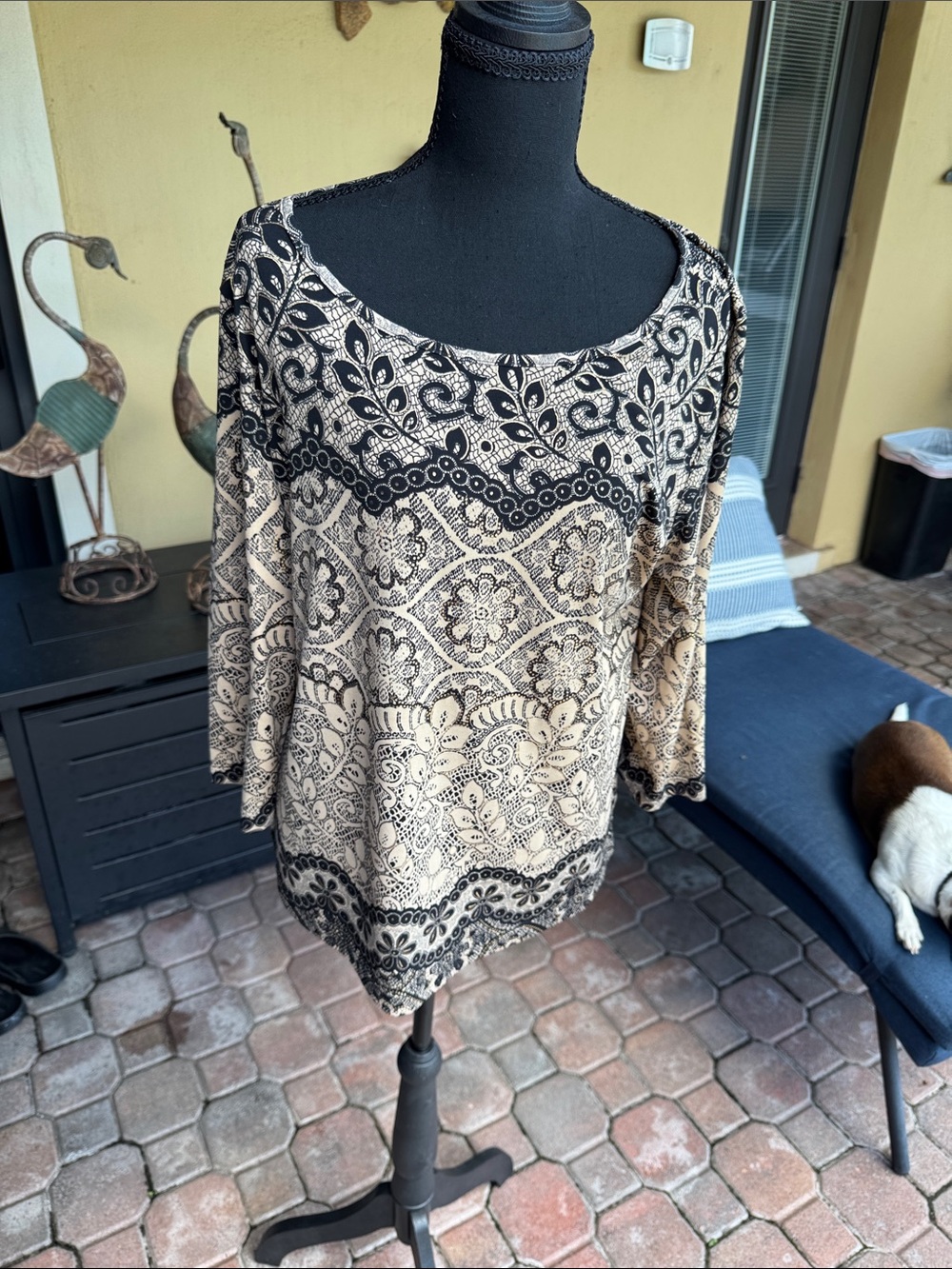 Chico's Black and Cream Paisley-Print Scoop Neck Blouse